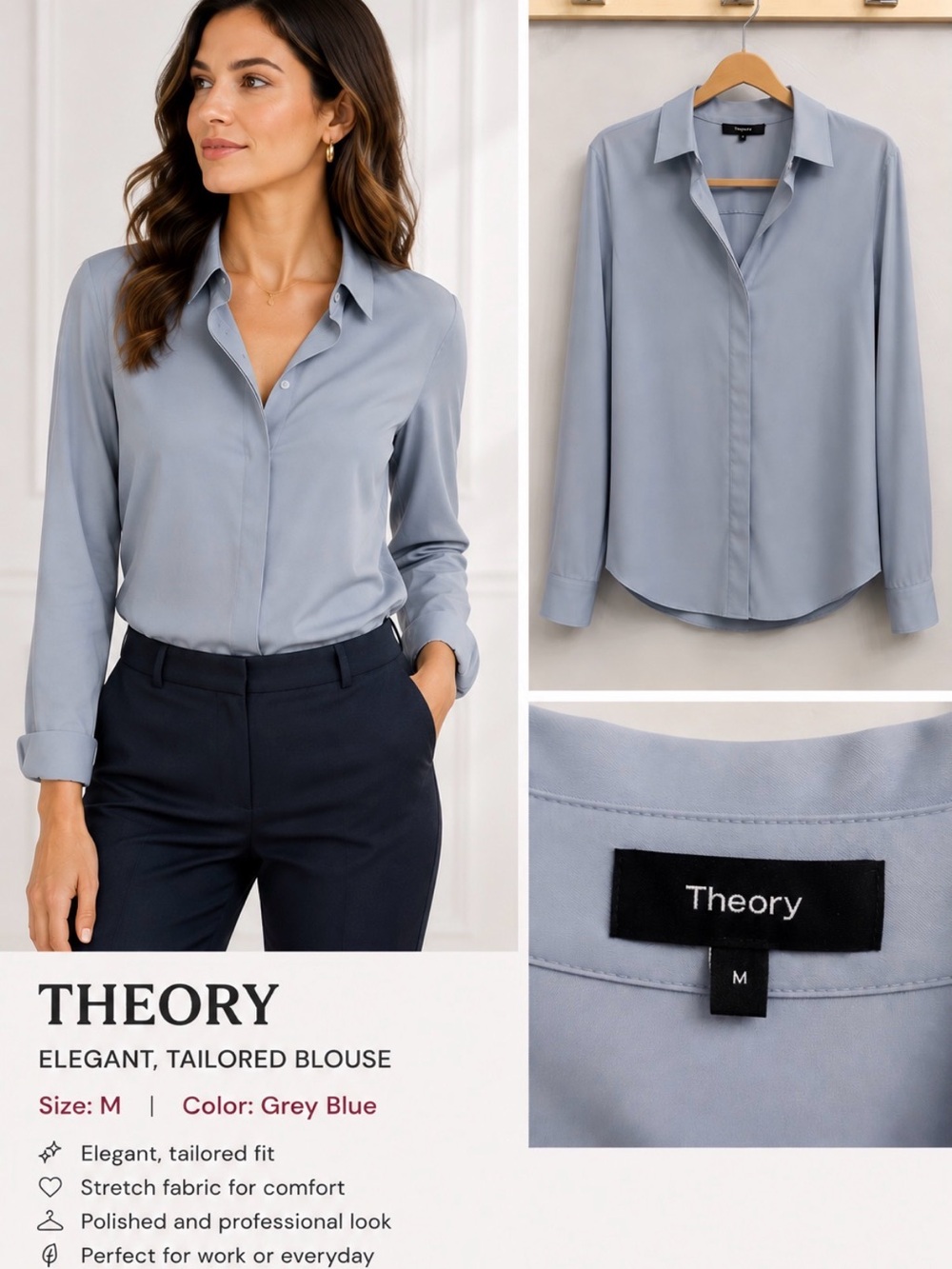 Theory Grey-Blue Long-Sleeve Button-Front Blouse